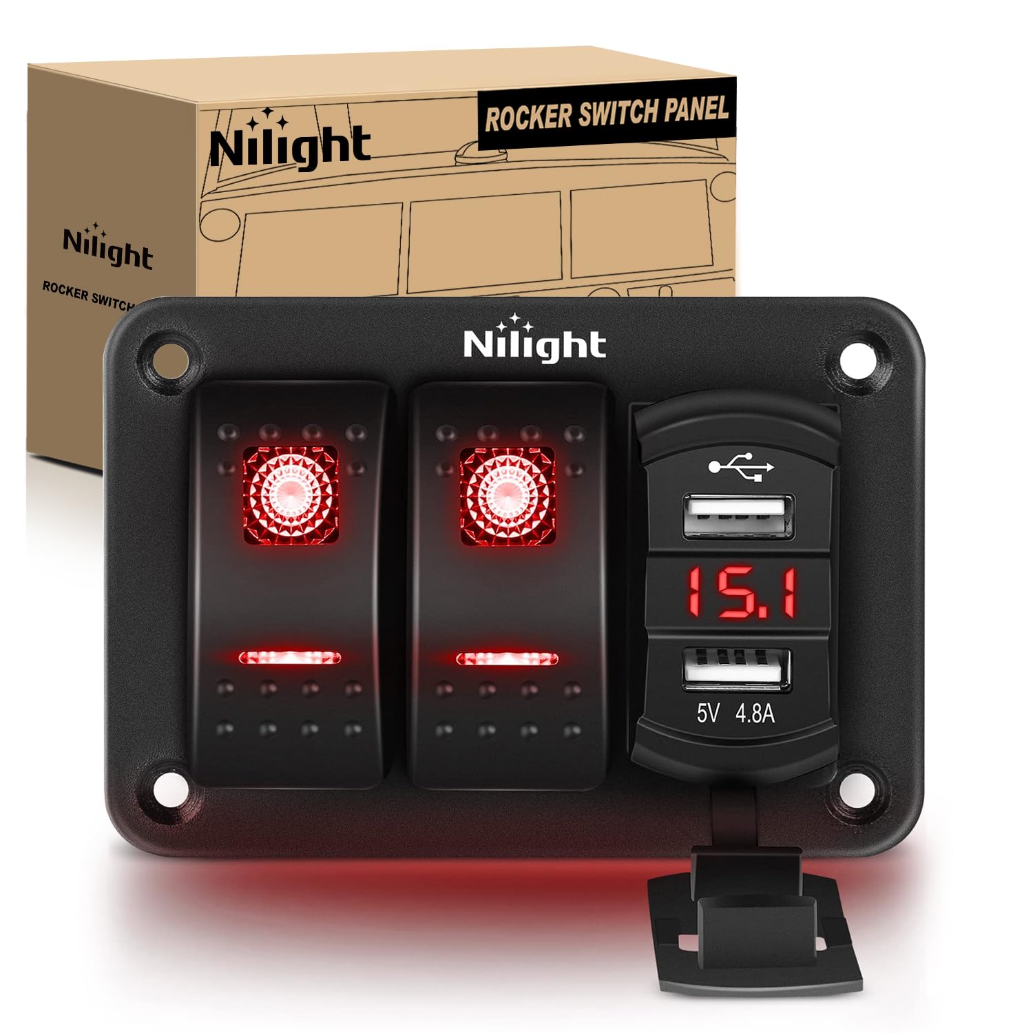 Nilight 2 Gang Red Backlit Rocker Switch Panel with 4.8A Dual USB Charger